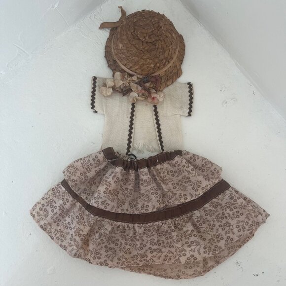 Vintage Doll Outfit Skirt & Jacket Vest & Farmer Hat w/ Flowers Beige & Brown - Picture 8 of 11